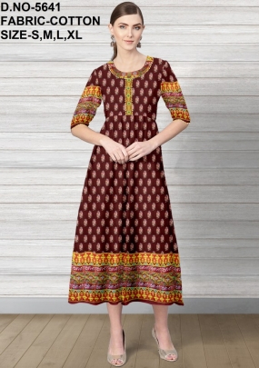 letest stylish digital print round style kurti maroon color