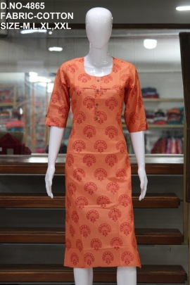 letest casual cotton printed light orange kurti