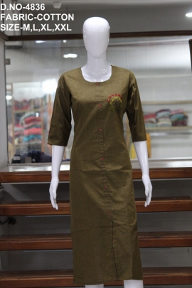 new casual cotton plain with work mahendi color kurti